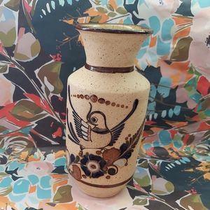 Tonala Mexican Folk Art Vase Pottery Quail Bird Decor Flower design